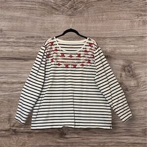 Talbots Woman 2X Striped Embellished Neckline Cotton Top Holiday Chic Sequins